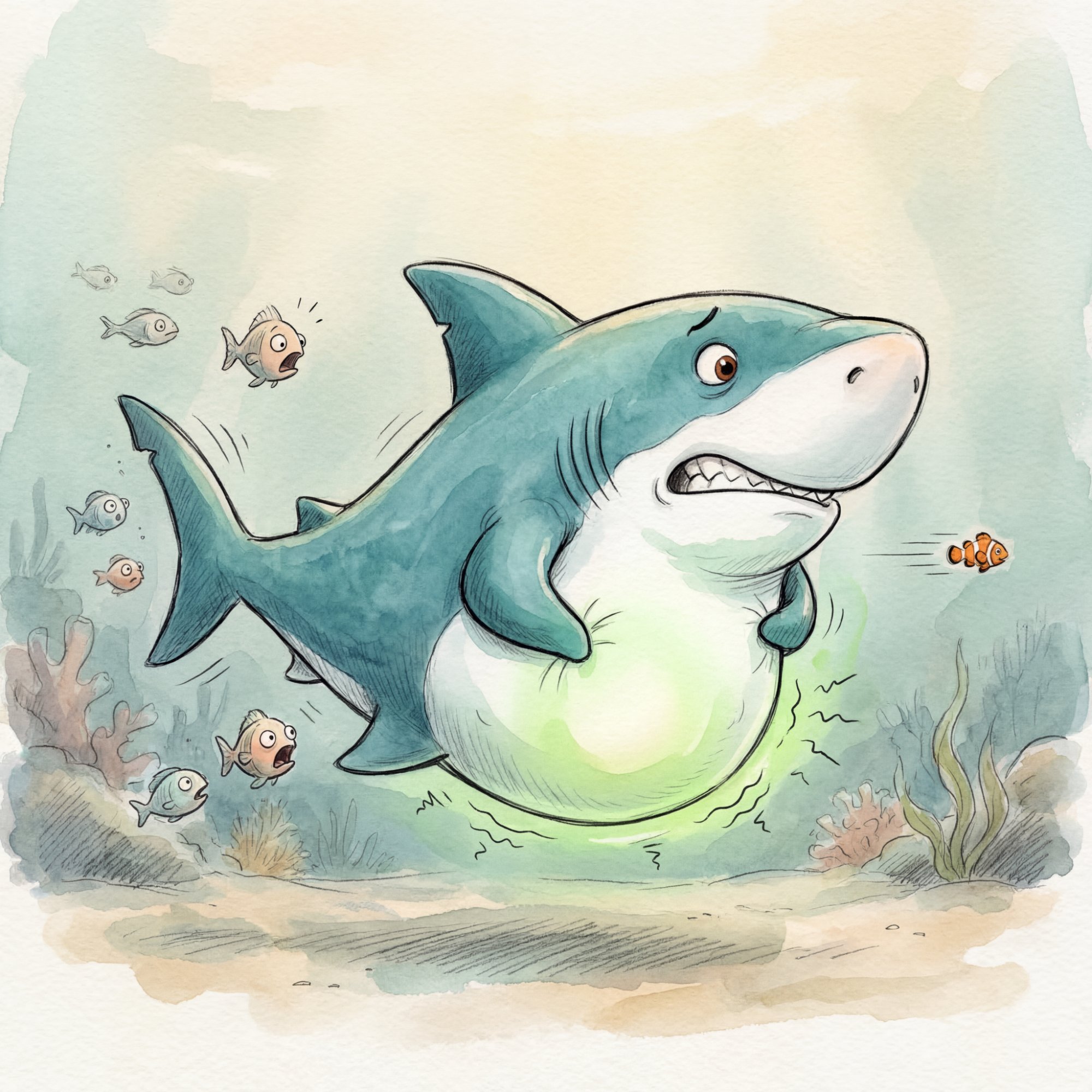 Sammy's belly glowing green and rumbling