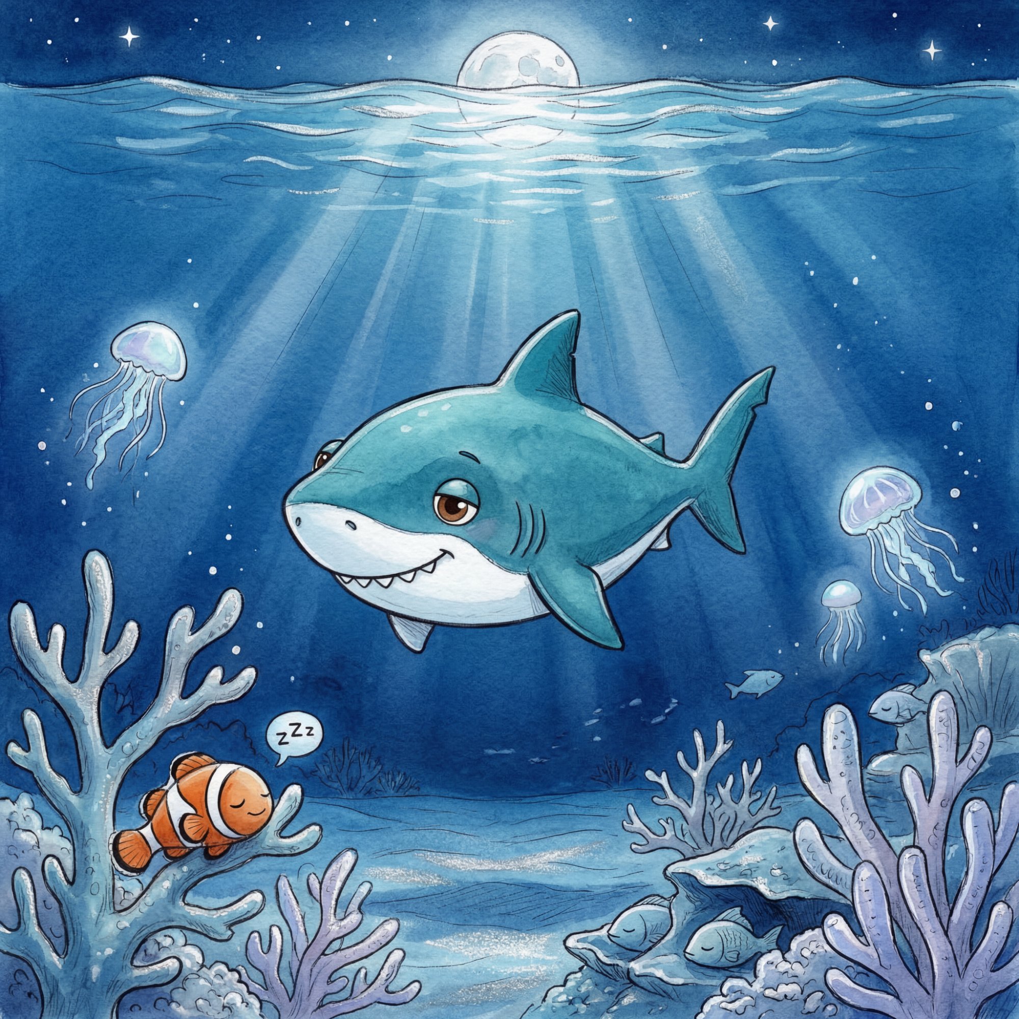 Sammy drifting peacefully in the moonlit ocean